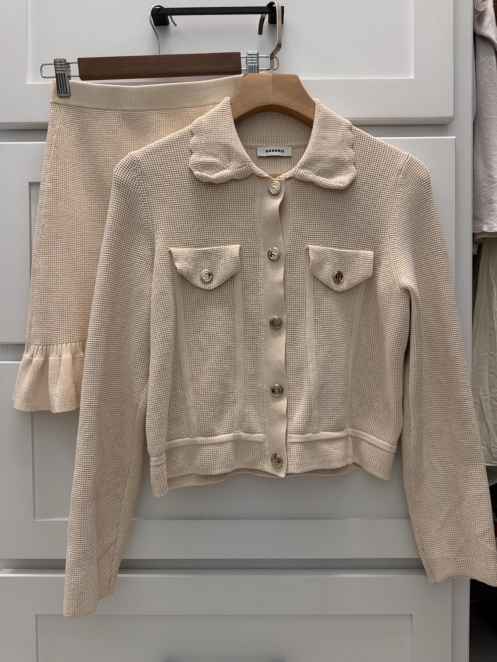 Sandro Cream viscose-blend waffle knit scalloped collar Paco cardigan and skirt